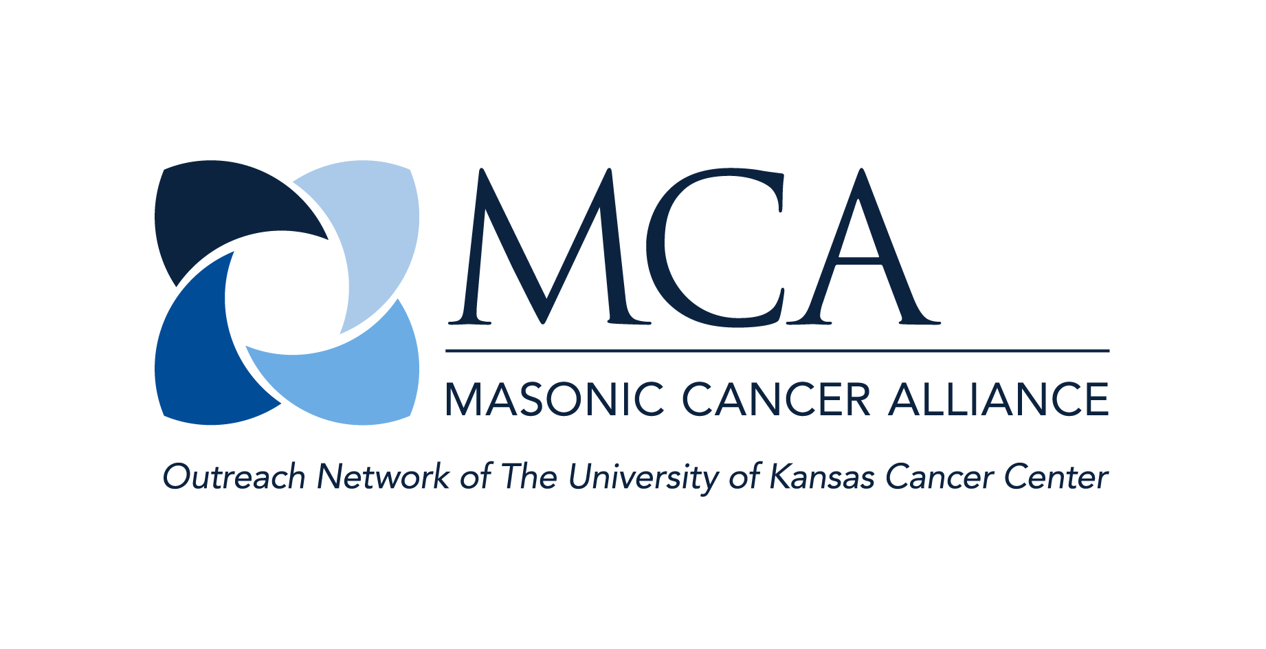 Masonic Cancer Alliance (MCA) logo: Left most a pinwheel made of 4 shades of blue, the letters MCA to the right up top a horizontal line under MCA with Masonic Cancer Alliance under that and the tagline "Outreach Network of The University of Kansas Cancer Center" under the whole logo
