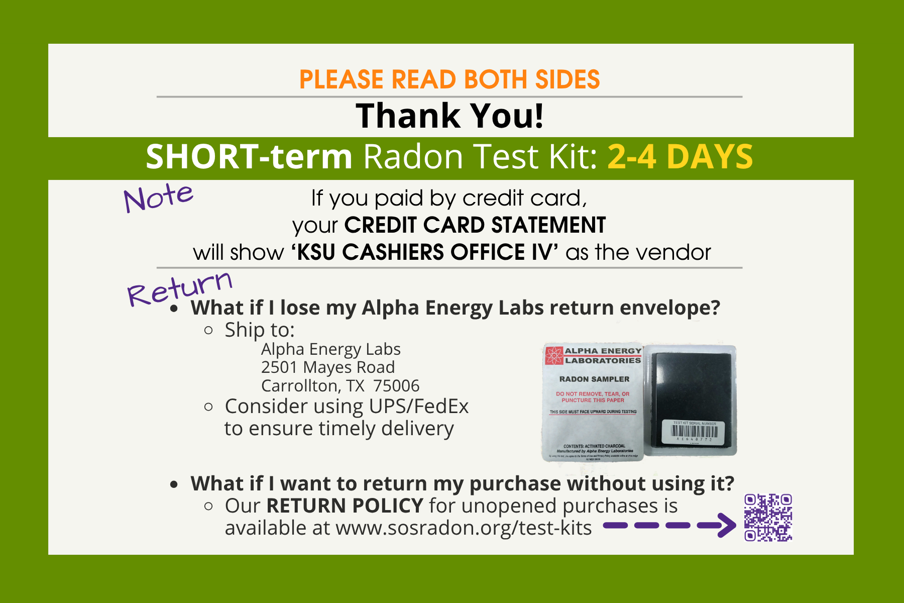 image shows copy of the postcard obverse show a picture of the alpha energy kit rectangle black on one side white on the other and instructions on how to return