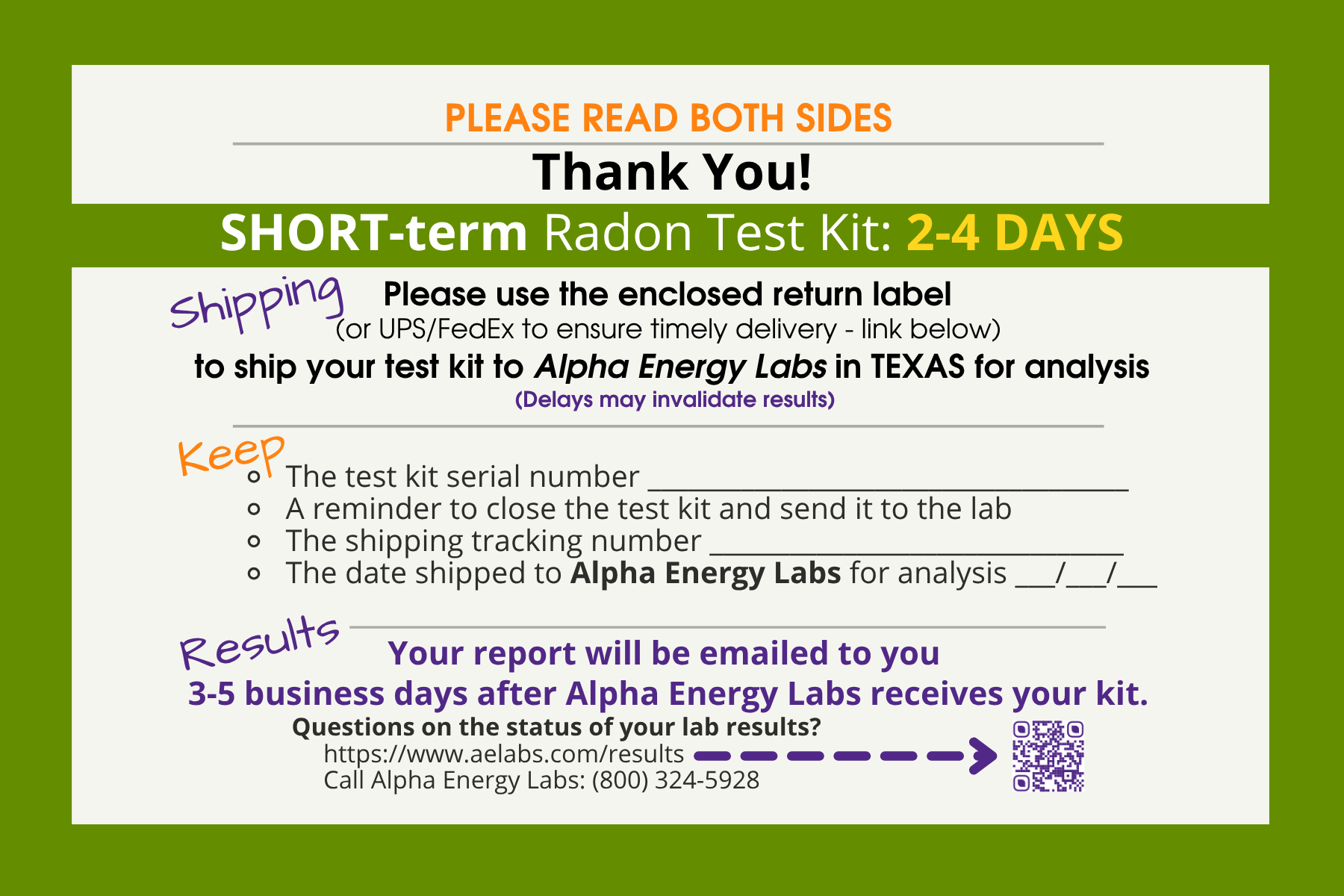 image shows copy of the post card describing where to send the kit for analysis and reminding to make note of the serial number